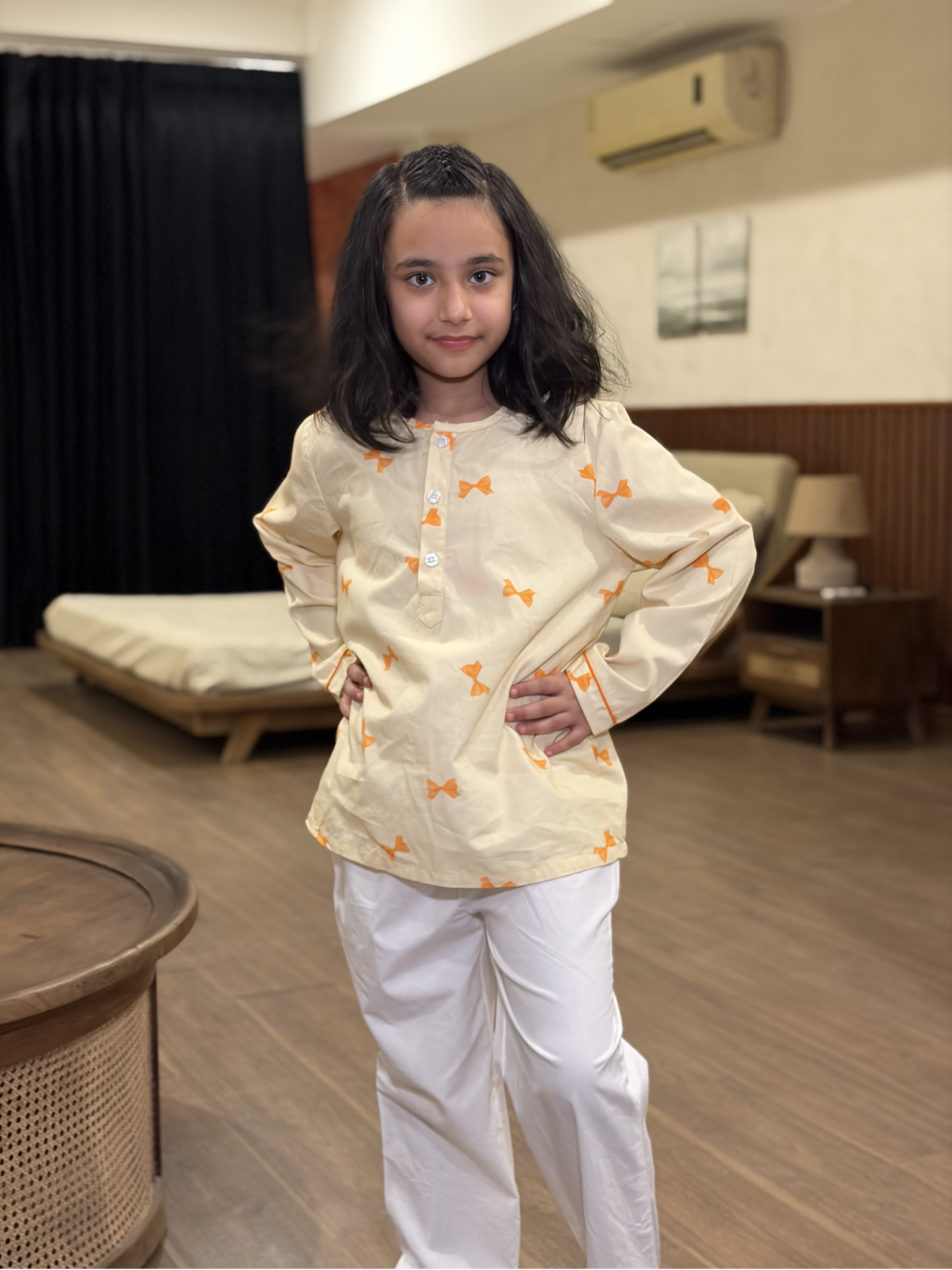 Butter Bows Nightsuit- Cream with Yellow bows