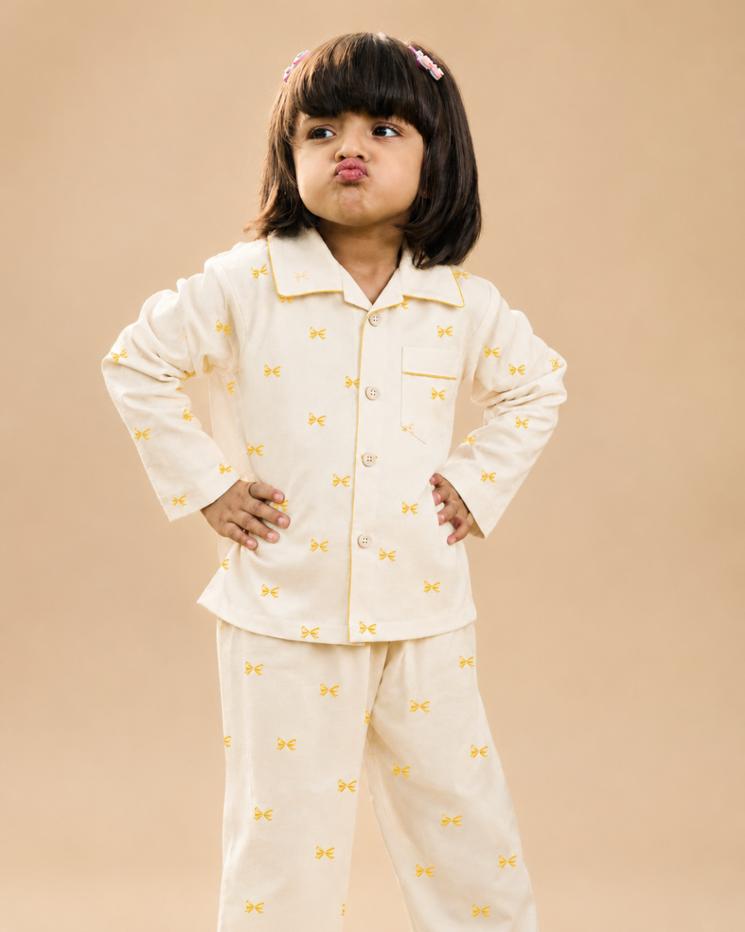 Butter Bows Nightsuit- Cream with Yellow bows