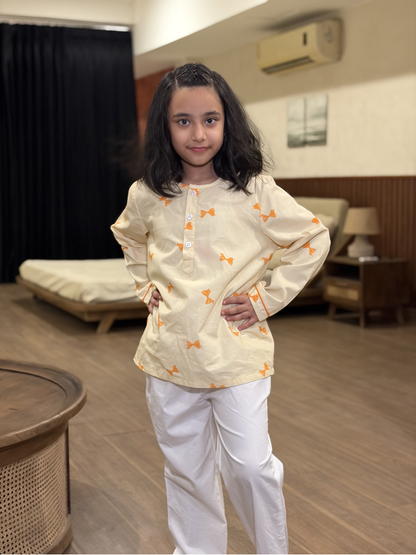 Butter Bows Nightsuit- Cream with Yellow bows
