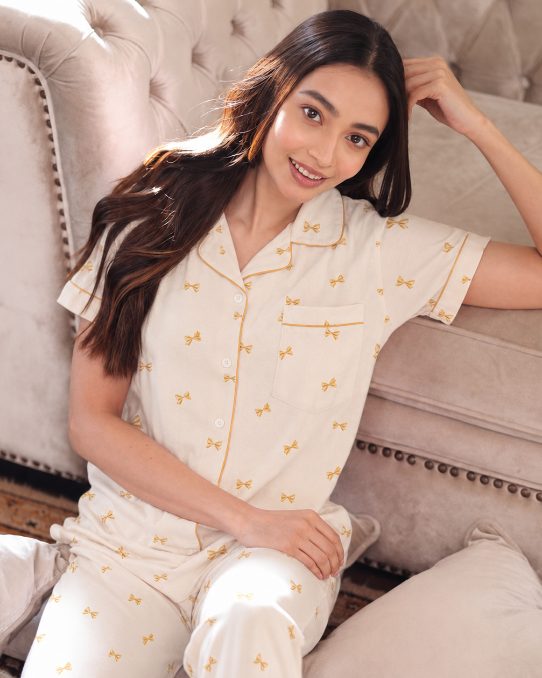 Butter Bows Nightsuit- Cream with Yellow bows